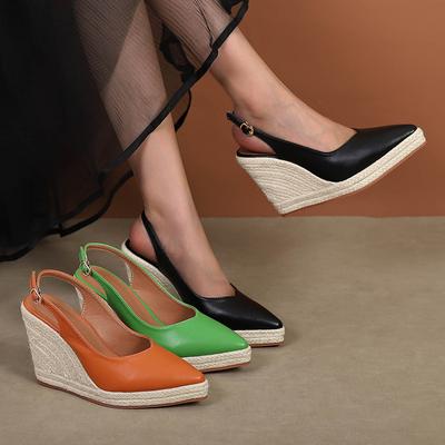 Slope Heel Thick Bottom High Heeled Pointed Toe Shallow Baotou Sandals Retro Straw Heels Casual Big Size Shoes for Women Slides