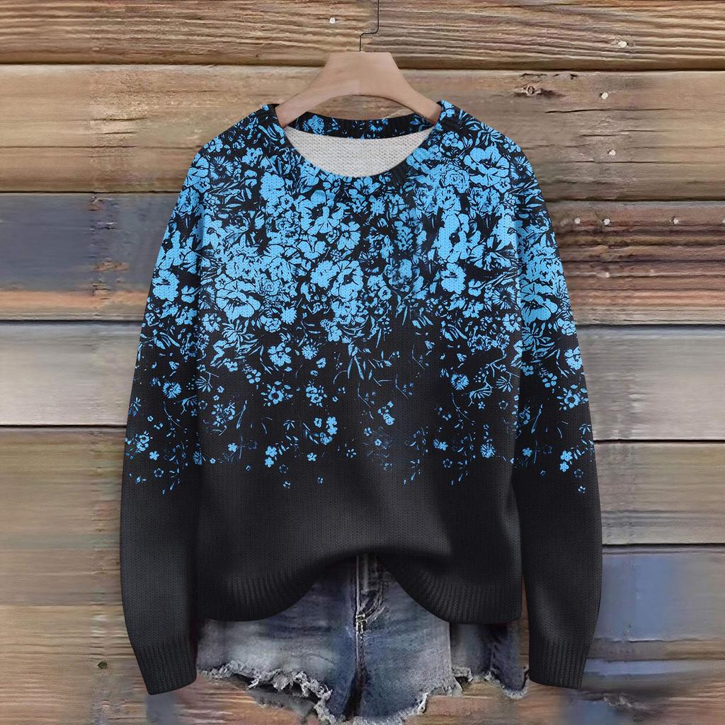 Long Sleeve Pullover Sweaters For Women O Neck Casual Cute Printing Knit Oversized Sweater