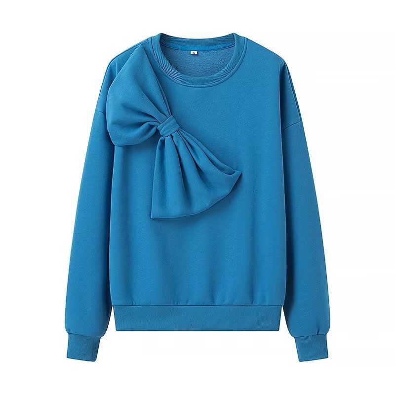 

Jnleaog Autumn New Women s Clothing Fashion Style French Style Fashion All-Match Casual Pure Color Bows Sweatshirt Peacock Blue S