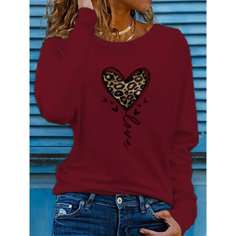 Spring and Autumn Round Neck 3D Leopard Heart Pattern Printed Top Fashionable Casual Long Sleeved Women's T-shirts
