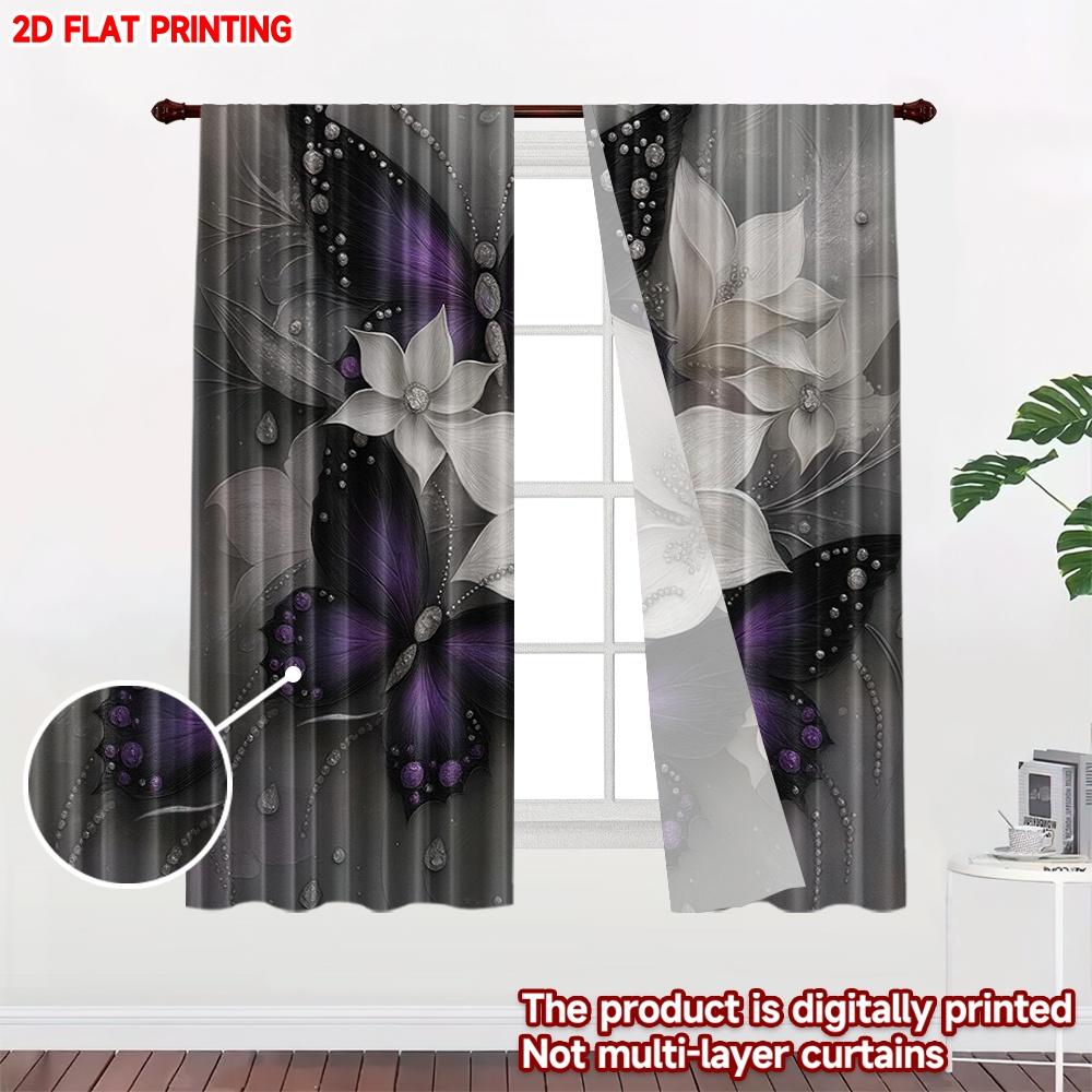 Flat Printing Happy Valentine Day Curtains Black Purple Butterfly White Flower Digital Printed Polyester Drapes Set Of 2 Made