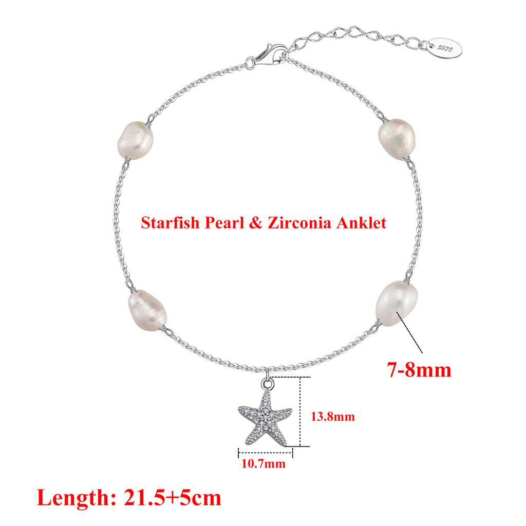 Effie Queen Elegant 925 Sterling Silver Freshwater Pearl Plus Zirconia Anklet Starfish Style Perfect for Summer Beach Gift SA74