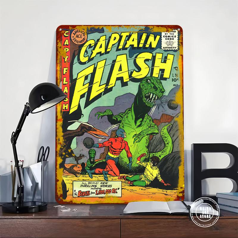 Captain Flash Vintage Comic Book Cover Metal Poster Customized Wall Art Retro Vintage Tinplate Signs for Home Decor Items Room
