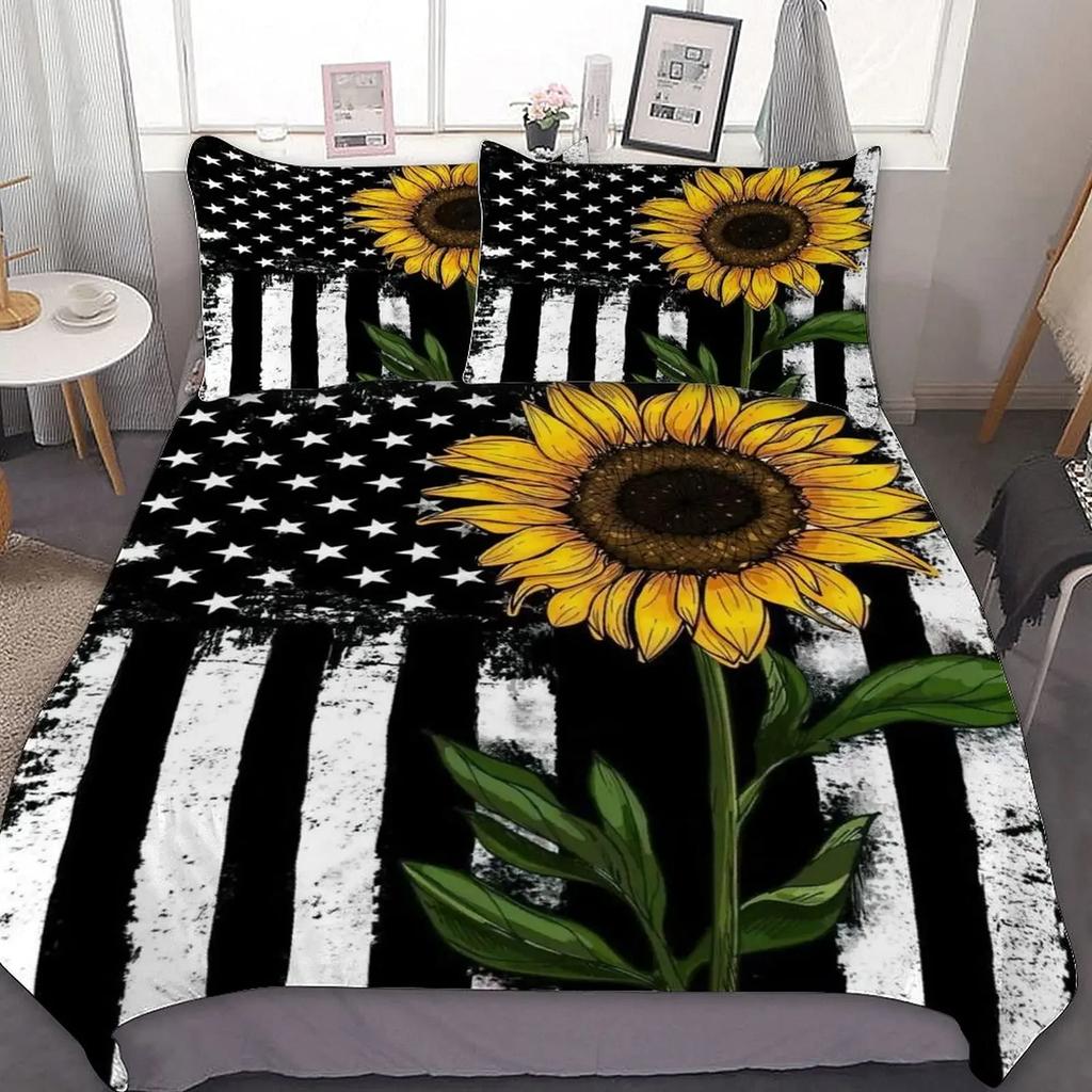 Yellow Flower Duvet Cover Set Sunflower Bedclothes Sunflower Fields With Sunset Printed Botanical Flowers Polyester Bedding Set