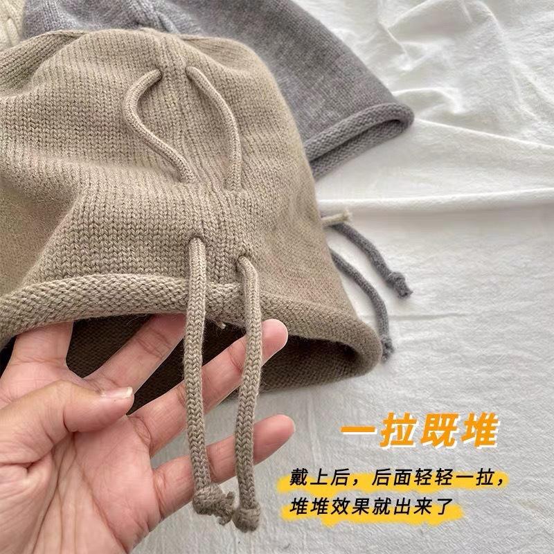 Drawstring Crimping Stack Hat Women's Autumn and Winter Simple Loose Wool Knitted Hat Big Head Circumference Showing Face Small Cold Hat