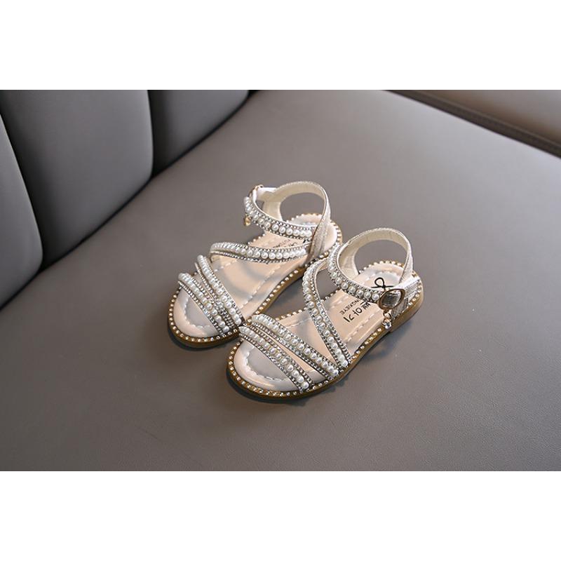 Nuovi sandali principessa aperti in stile coreano con perle per l'estate per bambine, scarpe da spettacolo per bambini piccoli, medi e grandi