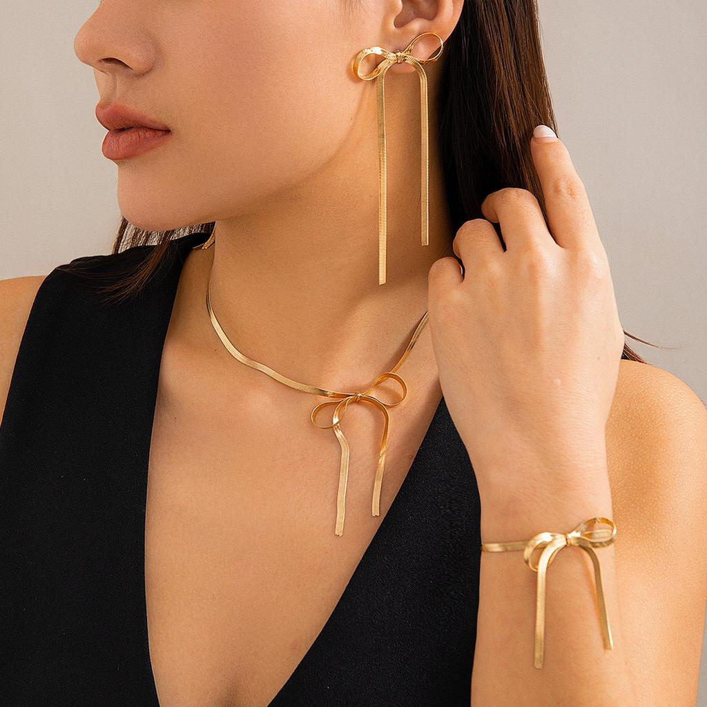 Accessories Bowearring Bow Stud Earrings, Metal Ribbon Knotted Snake Bone Chain Earrings Women