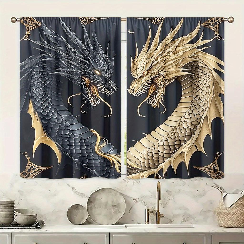 2pcs Black & Gold Dragon Print Curtains – Art Deco Style   Light Filtering & Fade Resistant for Bedroom   Living Room & Office