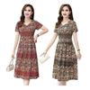 Vintage Floral Print Midi Dress for Women Short Sleeve Smocked Waist A-Line Dress Summer V Neck Swing Sundress