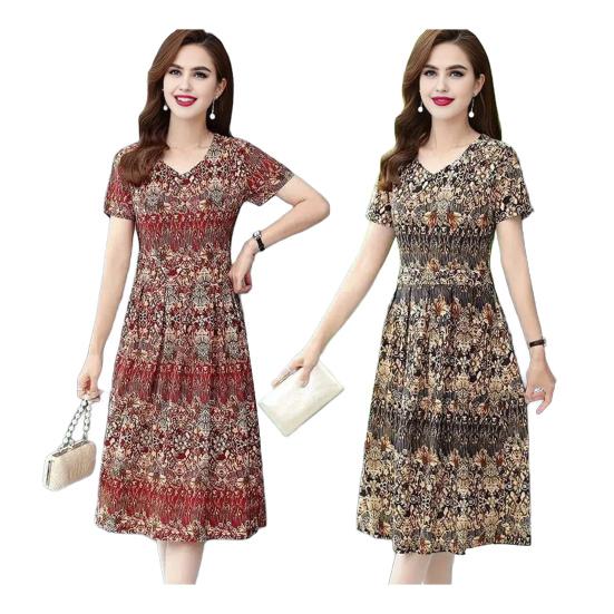 Vintage Floral Print Midi Dress for Women Short Sleeve Smocked Waist A-Line Dress Summer V Neck Swing Sundress