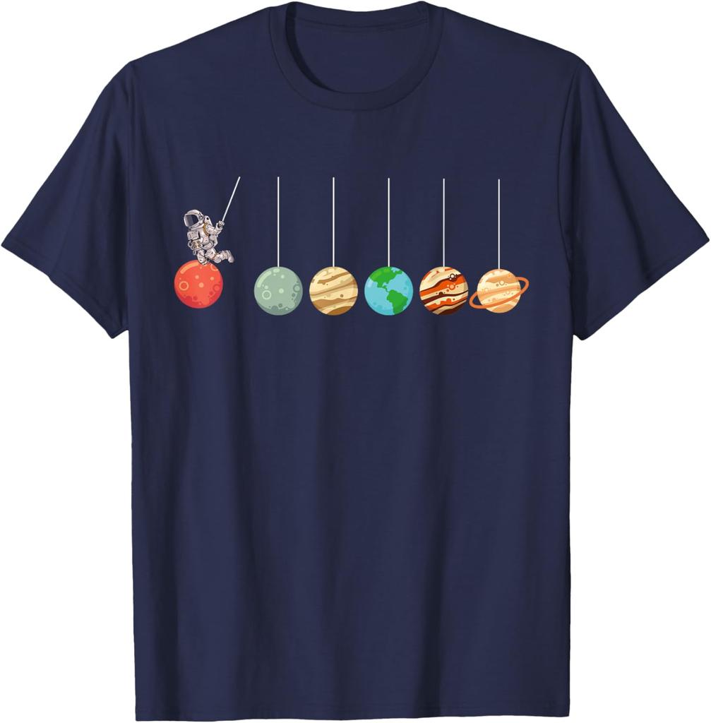 Solar System Pendulum Astronaut Graphic Tee Funny Science Enthusiasts Casual Short Sleeve T-Shirt