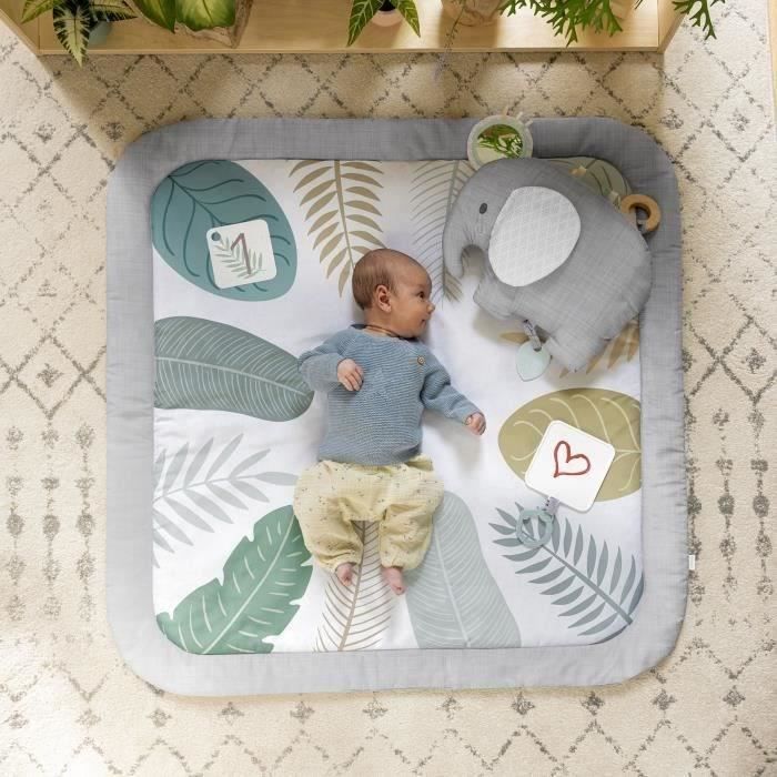 INGENUITY Tapis d'éveil bébé tout confort Petit Eléphant, 12 cartes étapes mensuelles et tableau personnalisable, cadeau bébé