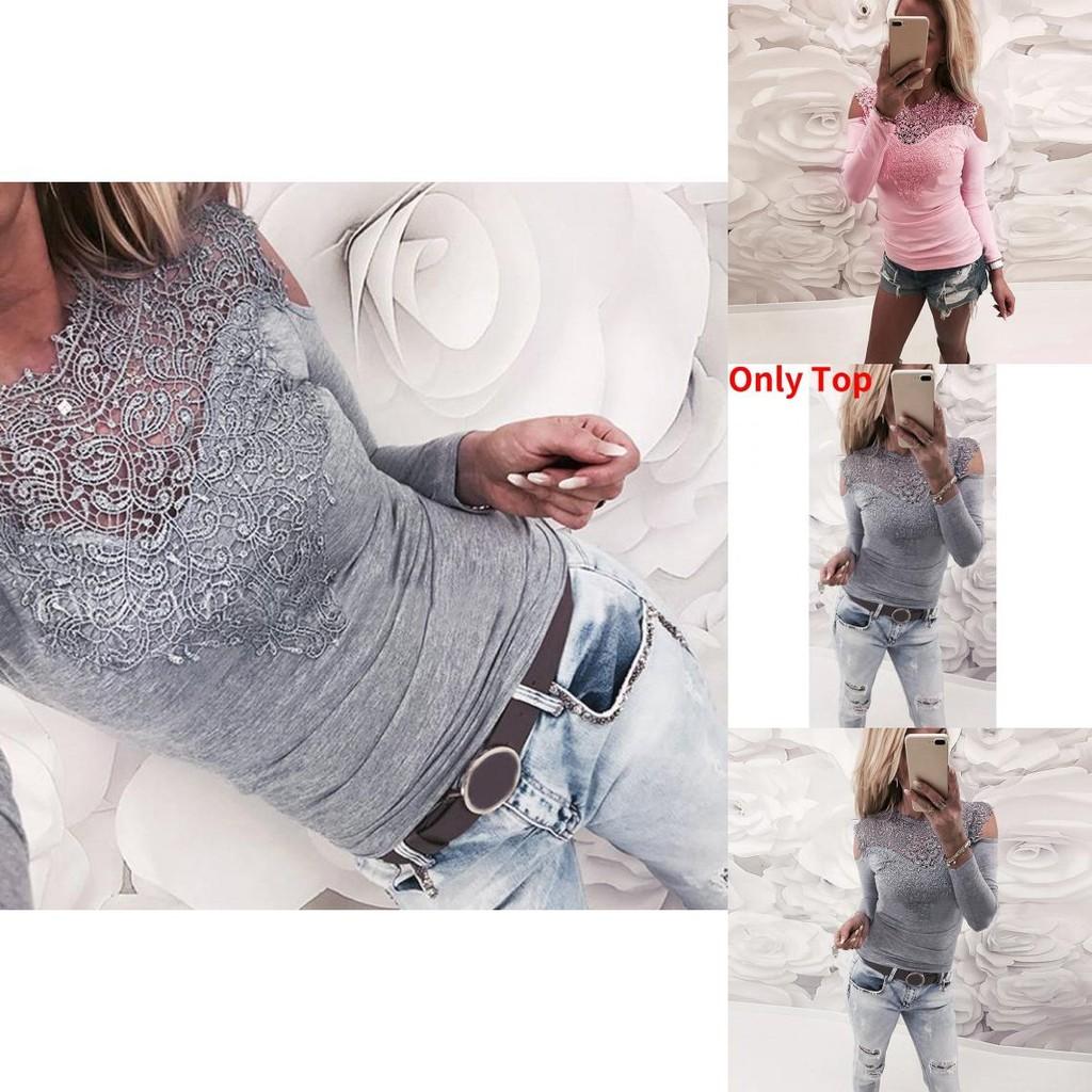Elegant Spring Collection Sexy Lace Shoulder Cutout Cotton T-shirt Top In Gray Pink White And Black