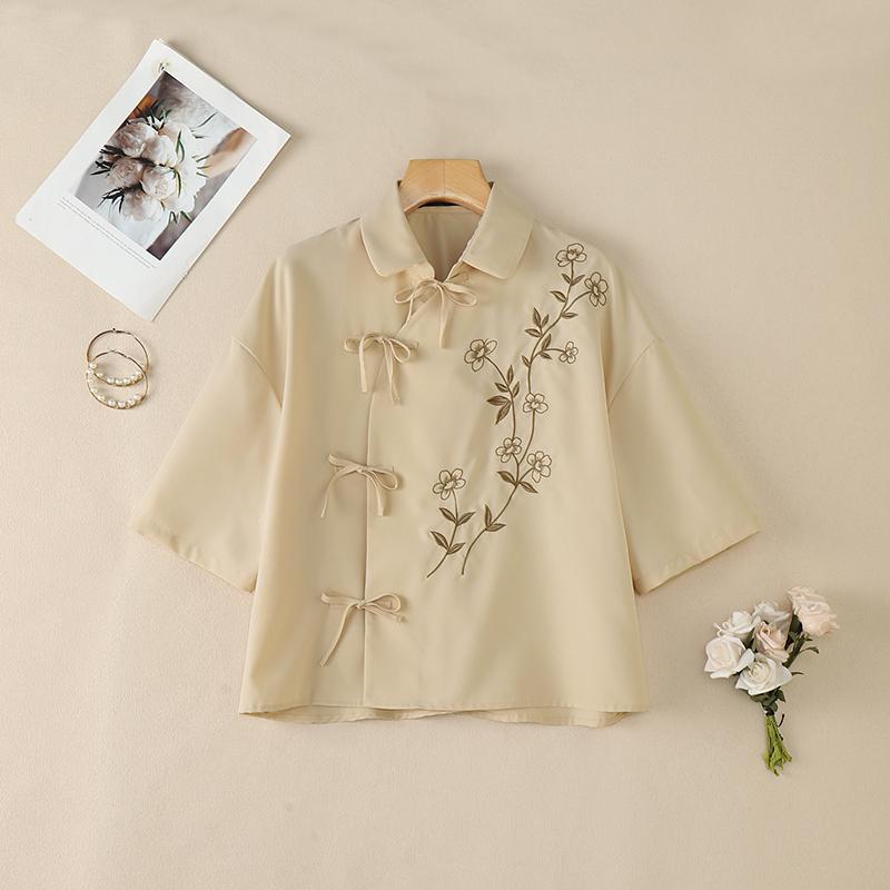 ZANZEA Women Casual Turn Down Collar Embroidery Loose Half Sleeve Blouse S абрикосовый