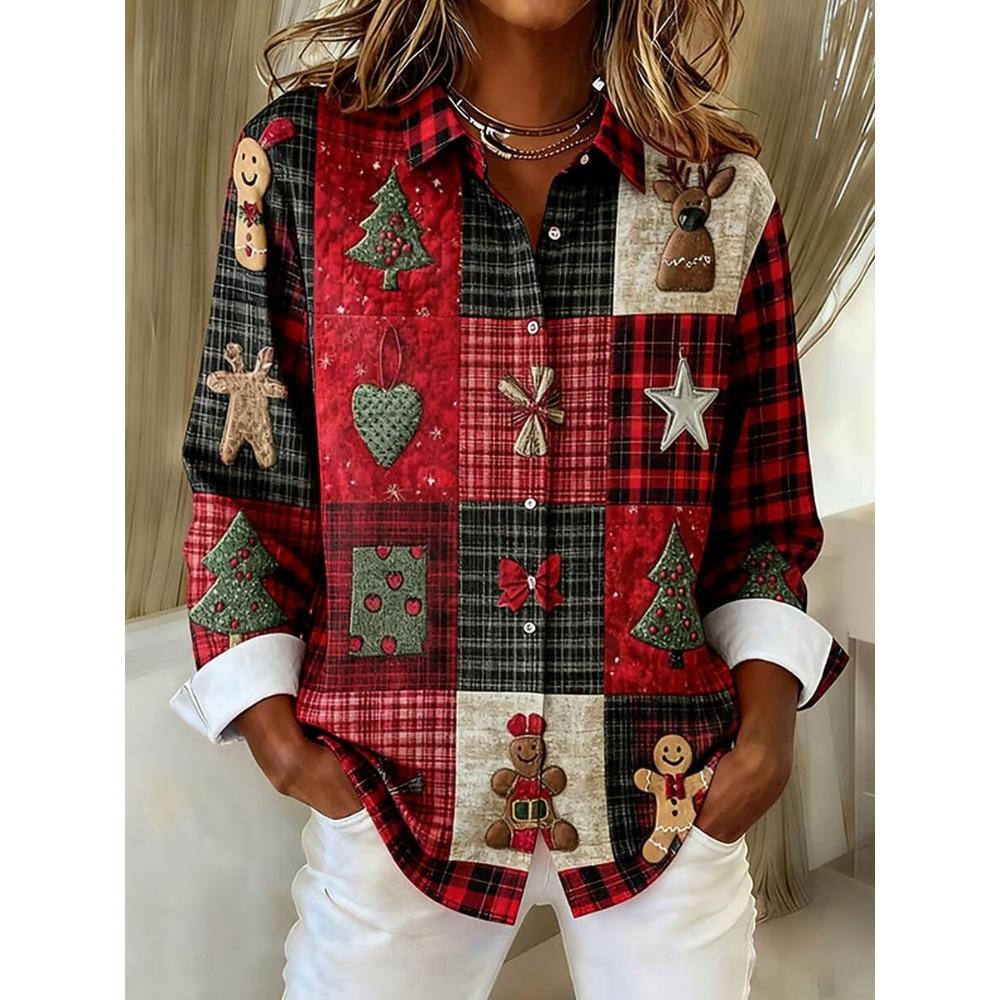 Christmas Women's Shirt Graphic Plaid Snowflake Elegant Vintage Tropical Long Sleeve Shirt Collar Regular Tops Daily Holiday