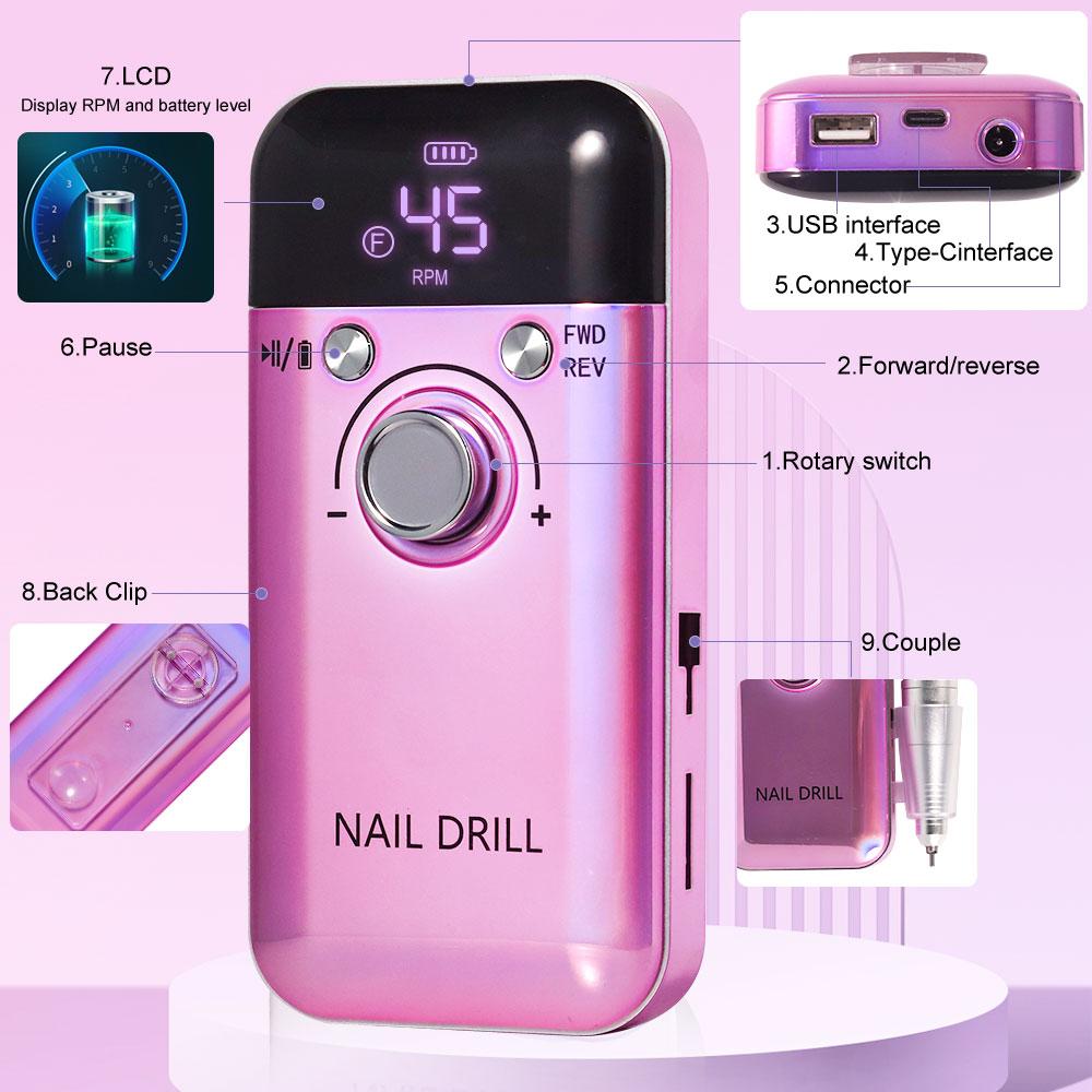 Nail Polish Machine 45000RPM Electric Nail Drill Machine Professional Nail Drills for Gel Nails Polish Rechargeable Portable Nail File Manicure Tool