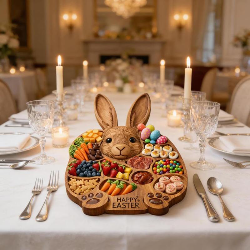 2026 Easter Bunny Rabbit-Shaped Wooden Charcuterie Board Cute Rabbit-Delhi Board with Compartments for Serving Snacks
