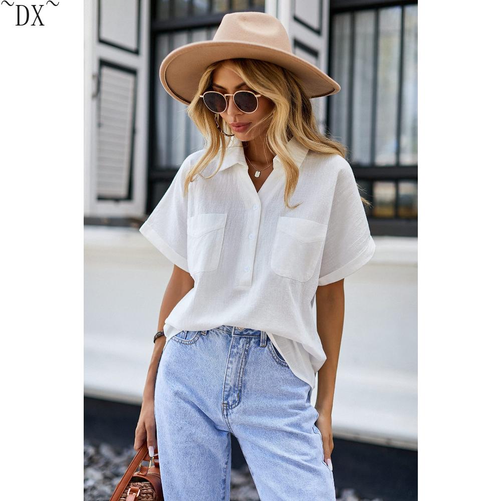 DX~Women's Cotton Linen Shirt Short Sleeved Henry Shirt Button Up V-neck Casual Work Top with Two Pockets