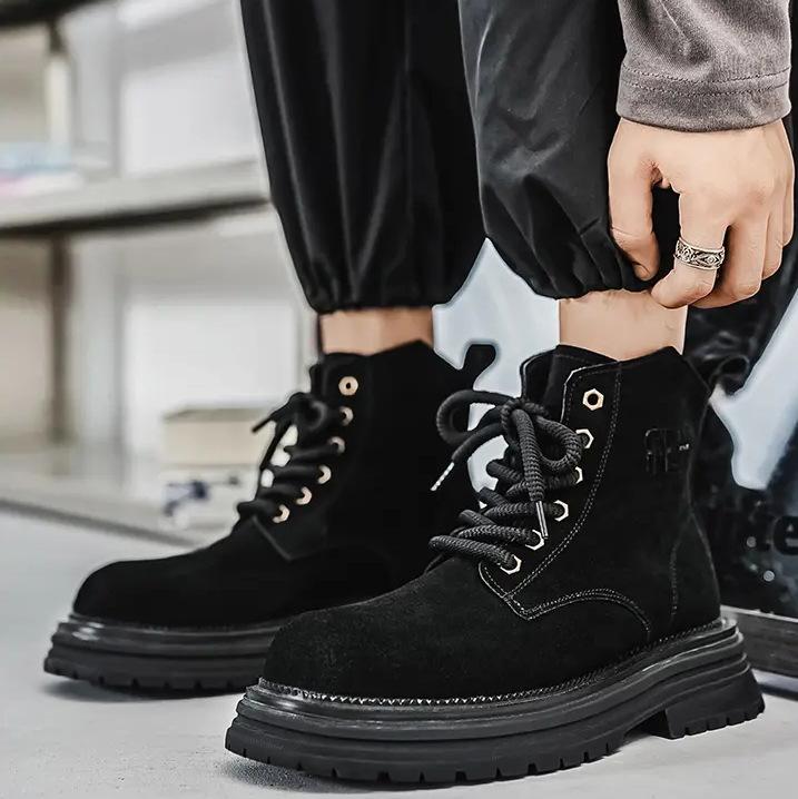 Martin boots men's high-top autumn and winter 2024 new side zipper rhubarb boots British style tooling boots turned fur leather shoes men