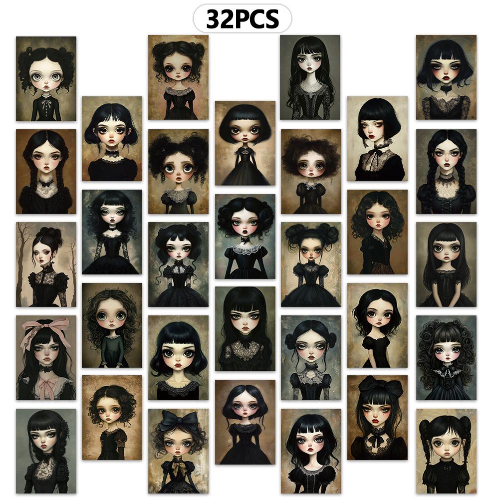 32pcs, vintage gothic girl postcards, dolls, birthday/anniversary gifts, collectible, giftable, and mailable