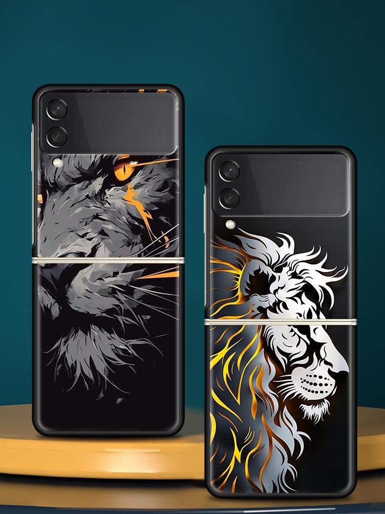 Cross Pattern Bicolor Lion Hard PC Phone Case For Samsung Galaxy Z Flip 7 6 5 4 Black Cover For Galaxy Z Flip 3 Foldable Fundas