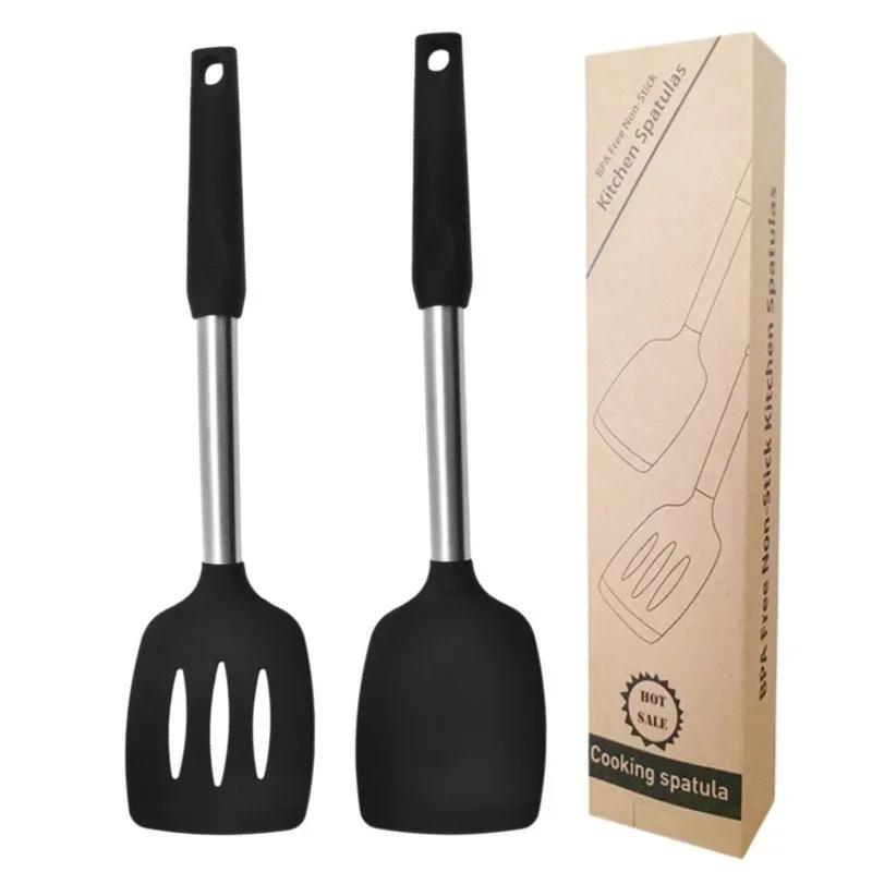

2Pcs Heat Resistant Silicone Spatula Stainless Steel Anti Scalding Handle Stir Fried Dishes Non-stick Spatula Kitchen Cookware