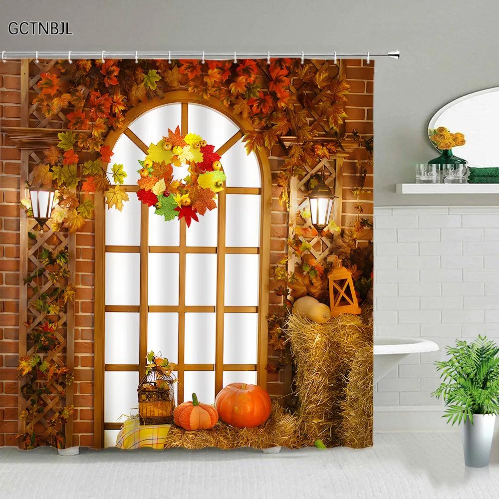 Fall Shower Curtain Maple Truck Pumpkin Sunflower Flowers Autumn Landscape Thanksgiving Decor Bathroom Curtain Fabric Washable