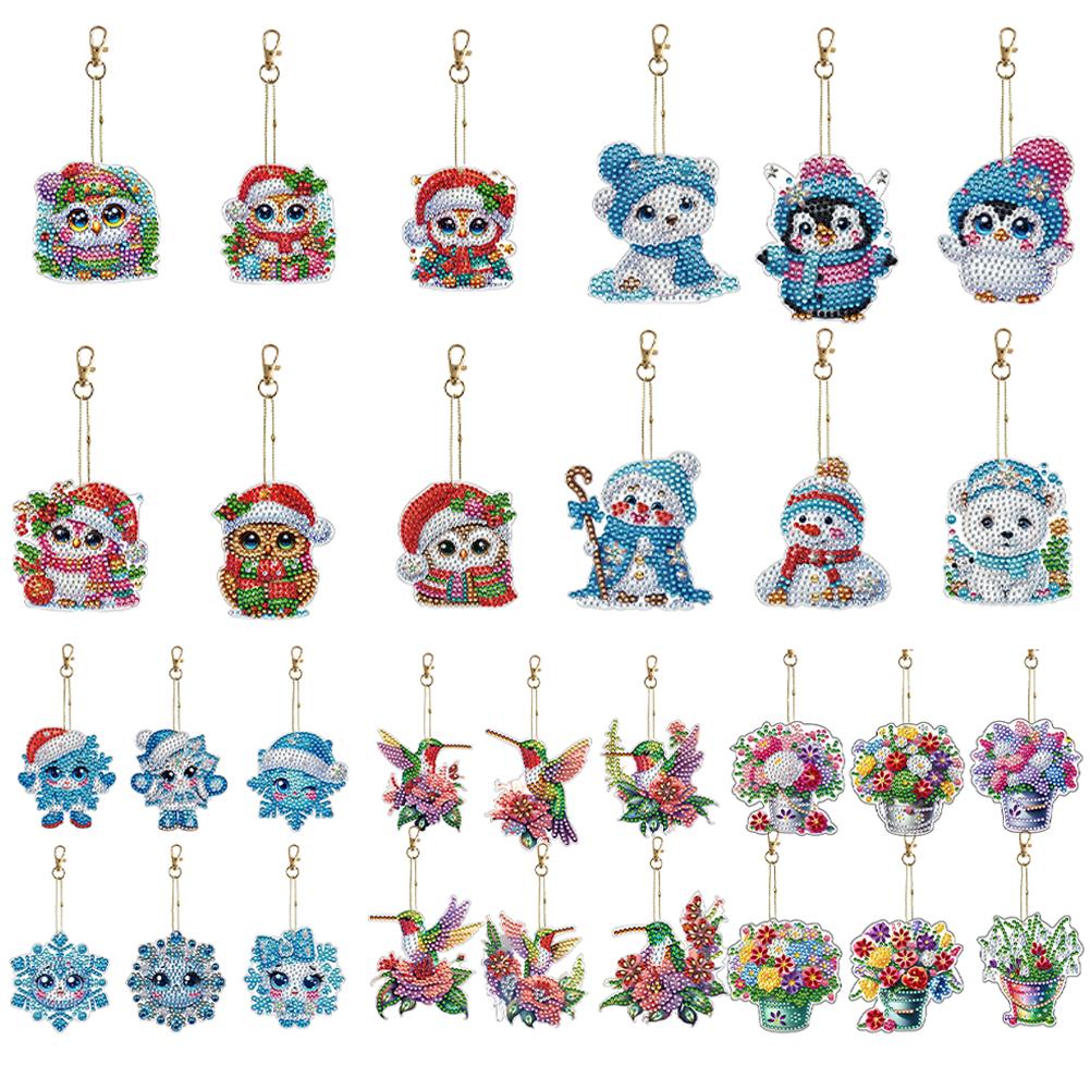 6Pcs Double Sided DIY 5D Round Diamond Art Charms Diamond Art Set Diamond Key Rings Hanging Ornaments for Beginners Enthusiasts