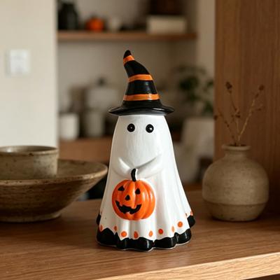 Halloween Ghost Figurine with Witch Hat Cute Small Resin Ghost Holding