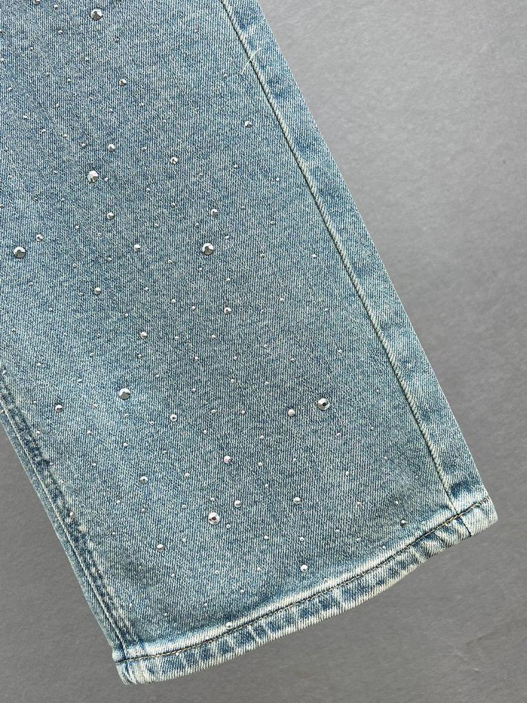 Women's High-Waisted Denim Jeans with Rhinestone Star Pendant - European Style, Summer Loose Fit, Slimming, Versatile Straight Leg.