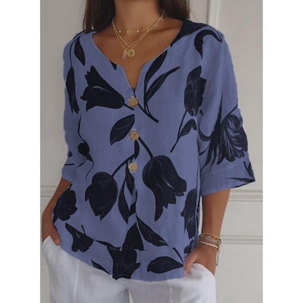 New Arrival Printed Cotton Linen V-neck Short Sleeve Pullover Blouse