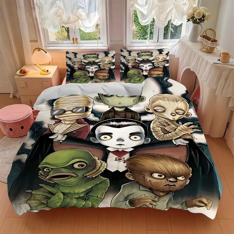 3pcs Halloween Monster Family Bedding Set - Includes One Quilt Cover and Two Pillowcases (No Core) - Anime Cartoon Design - Perfect for Bedroom and Gu