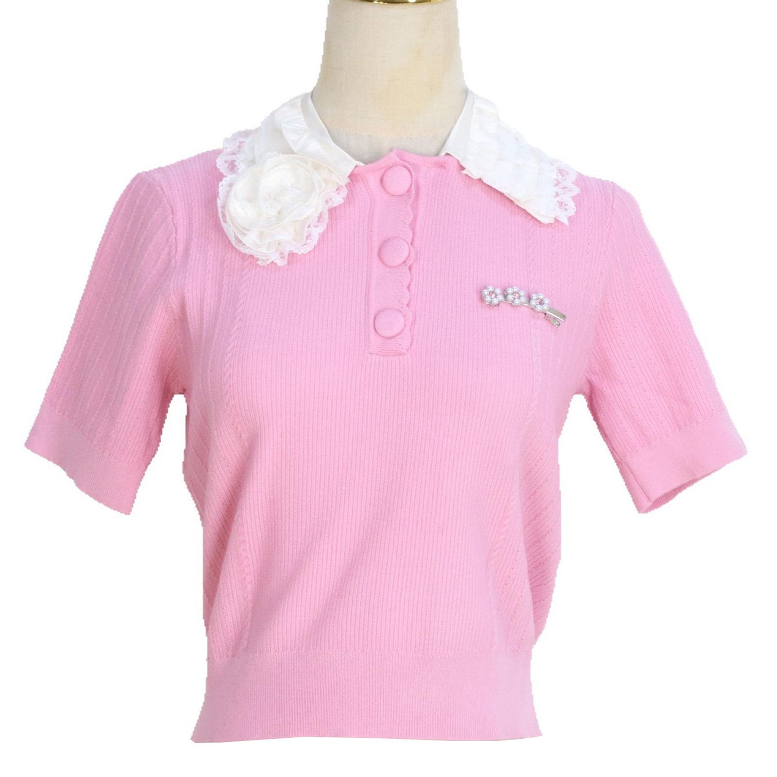 

Женский милый трикотажный топ с коротким рукавом, воротником Питер Пэн и дизайном поло с заклепками Small