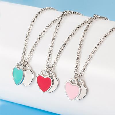 Liefdesketting Vrouwelijk Titanium Staal Emaille Dubbel Hart Hanger Kraagketting Blauw Roze Licht Luxe Eenvoudige Ketting Sieraden, het beste cadeau voor vrienden