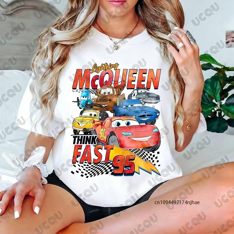 

2026 Retro Disney Cars Light Mcqueen 95 Print Tshirt For Women Summer Short Sleeve Cotton Tees Casual Sports Couples Tops S