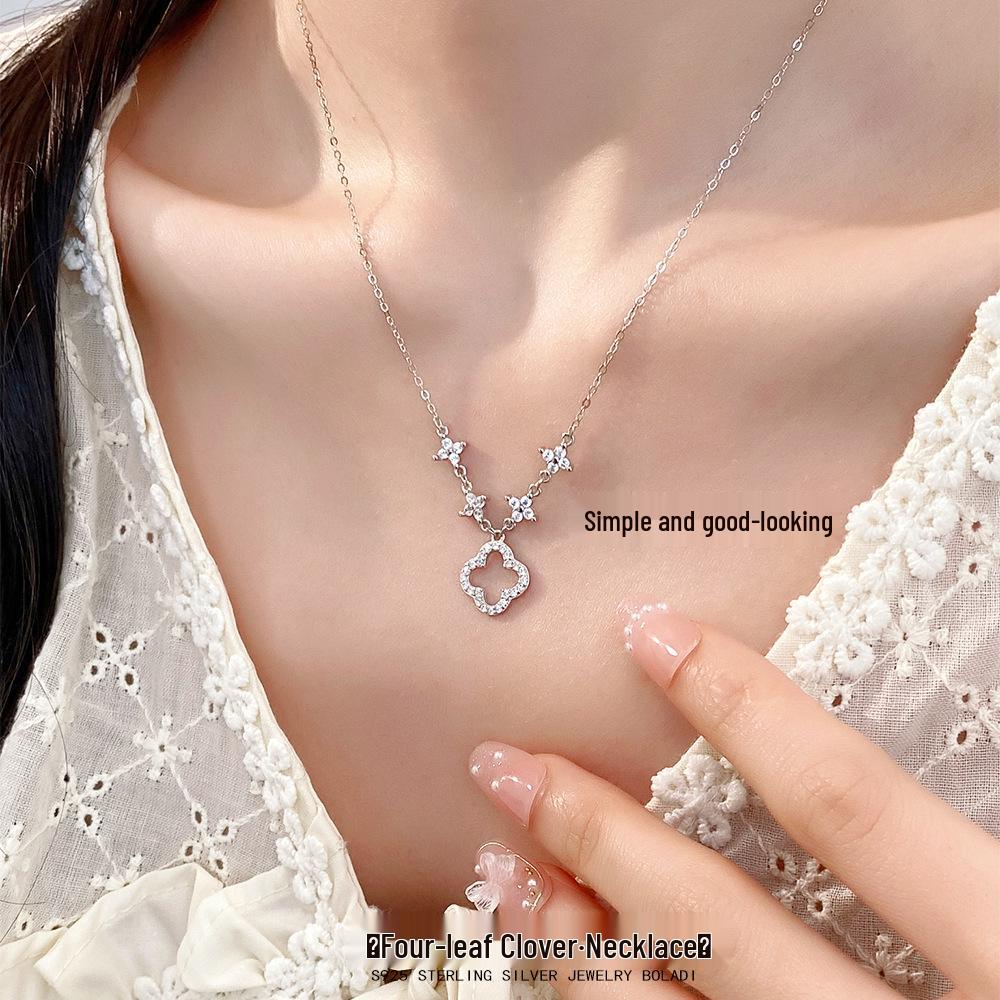S925 Korean Sweet Hollow Four-Leaf Clover Necklace - Elegant Clavicle Chain Jewelry with Niche Fashion Design