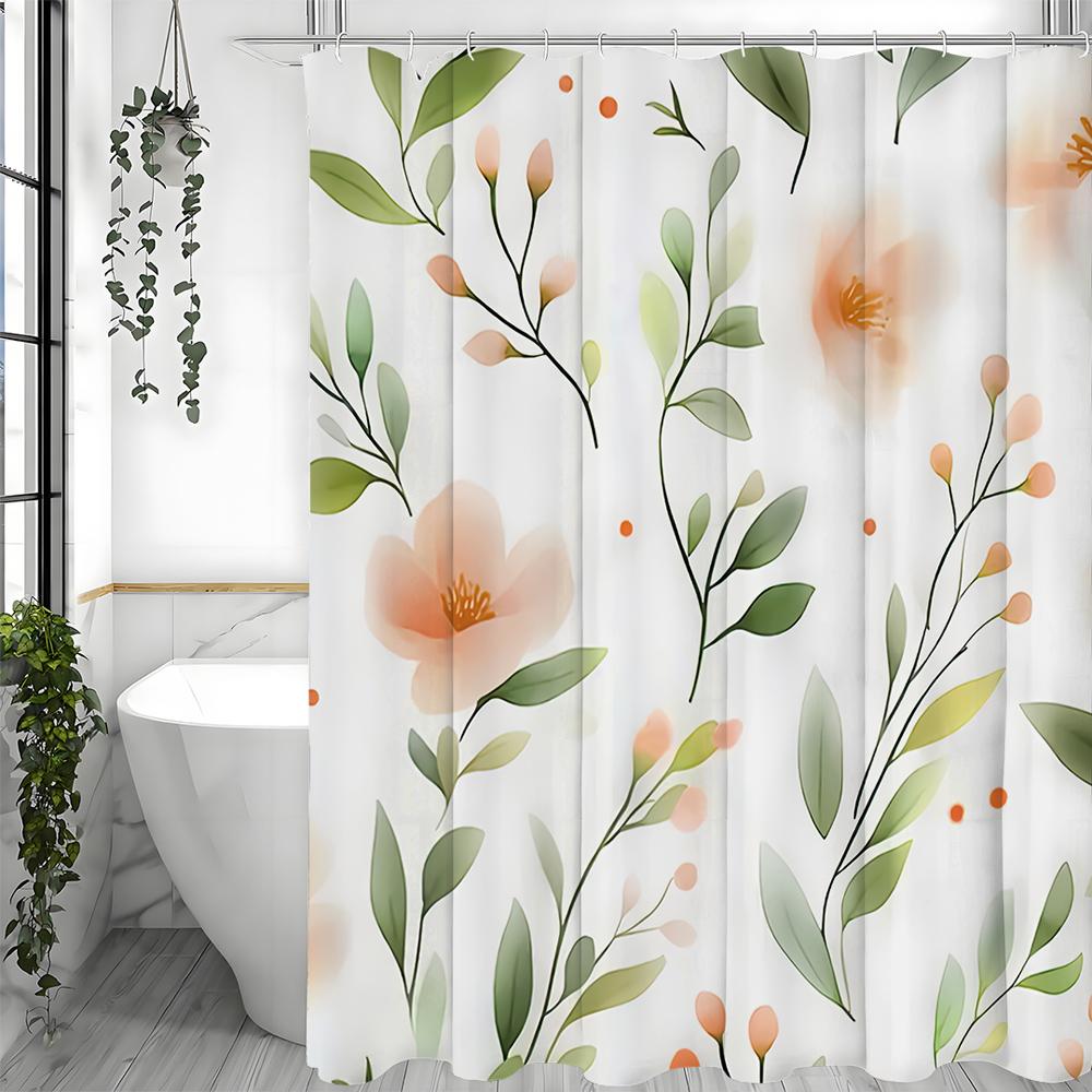 Spring Orange Floral Green Leaf Shower Curtain, Bathroom Decorative Shower Curtain, Waterproof Shower Curtain with Hooks