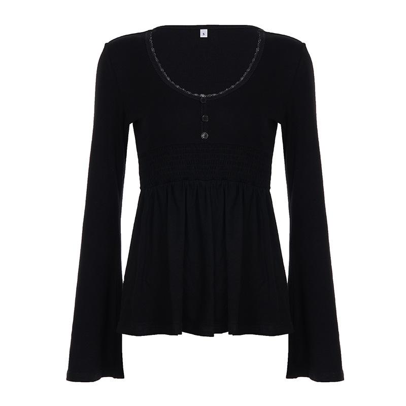 

Chic Deep V-Neck Long-Sleeve A-Line T-Shirt – High Elasticity & Comfortable Casual Women s Top Small