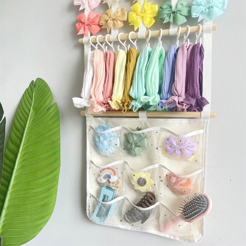 Durable Wooden Hair Bowknot Storage Rack Featuring Fabric Hook For Organizing Headbands Clips And Hair Accessories