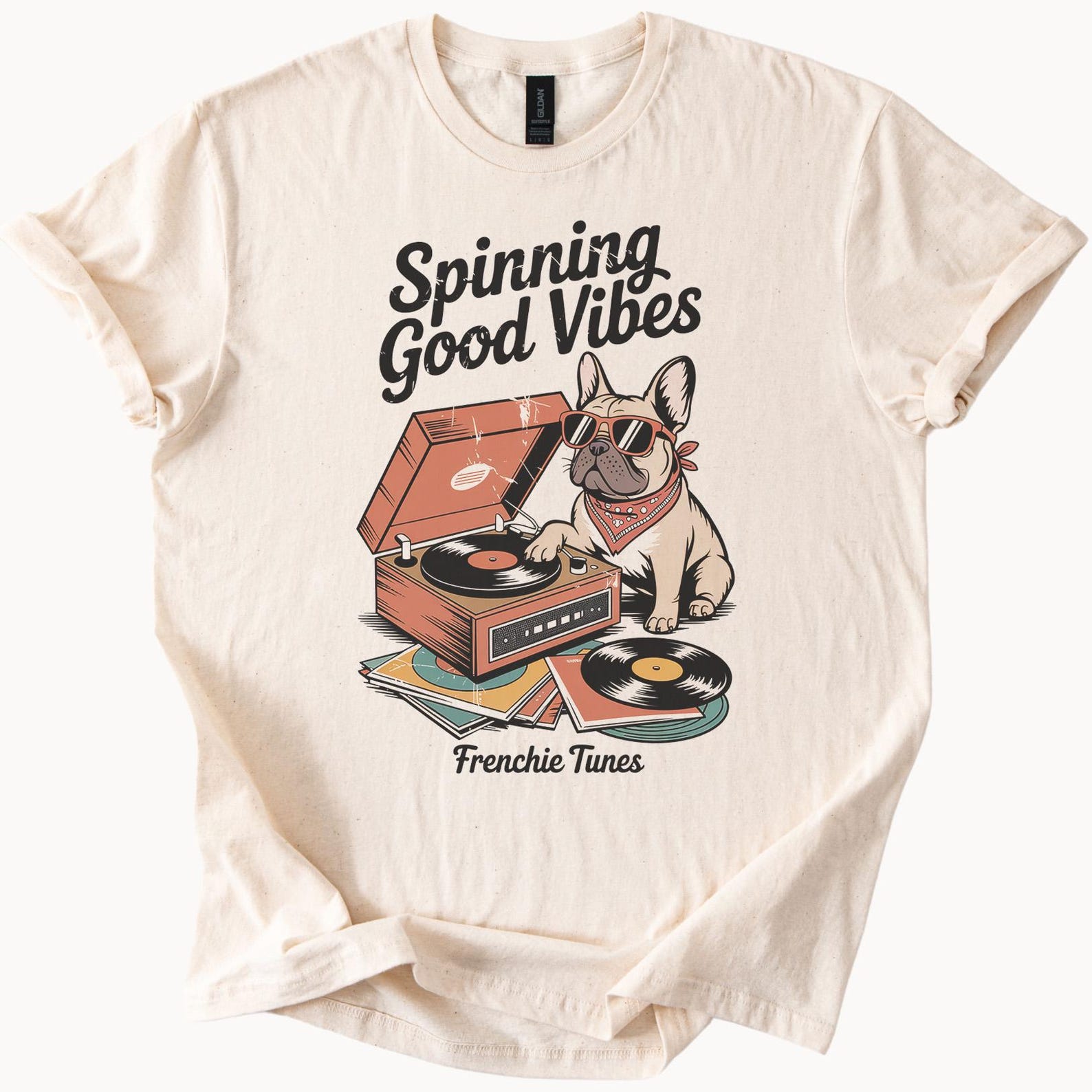 French Bulldog Record Player Graphic Tee Spinning Good Vibes Music Dog Shirt Retro Style Bandana Sunglasses Fun Frenchie Shirt 100