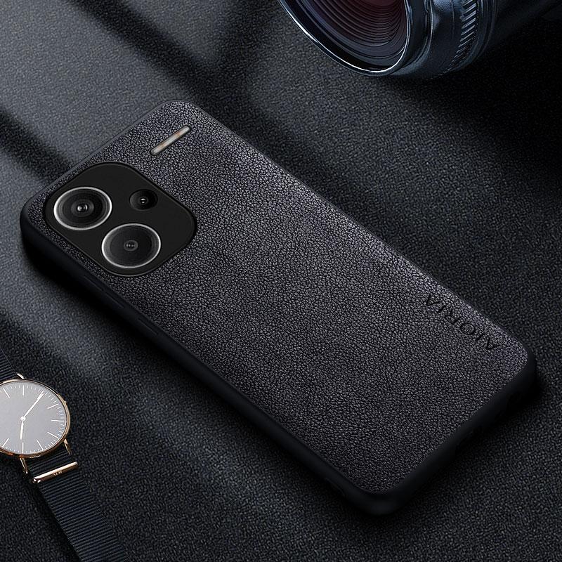 Xiaomi Redmi Note 13 Pro Plus 5G 4G için Premium Lüks Deri Telefon Kılıfı İş Tarzı Düz Renk kapak funda