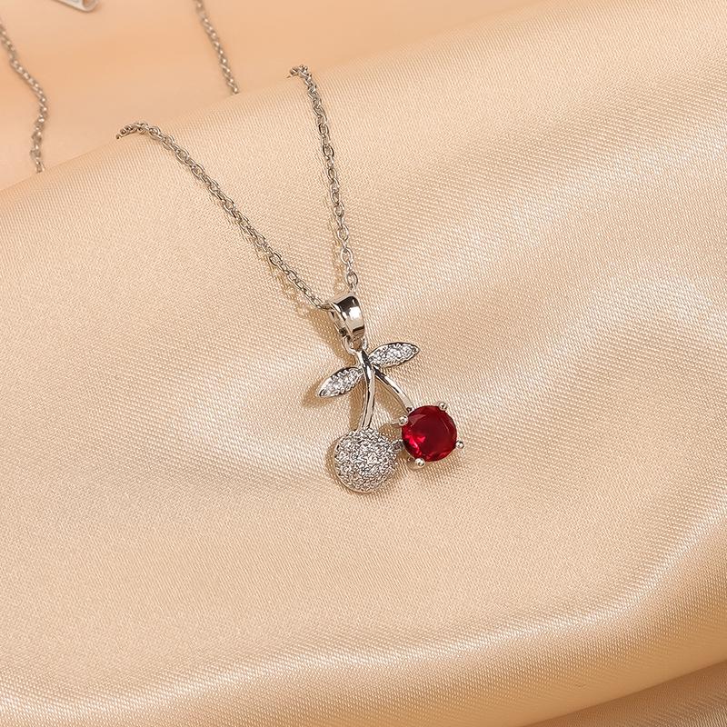 Women's Luxury Zircon Cherry Pendant Necklace - Elegant Copper Clavicle Chain