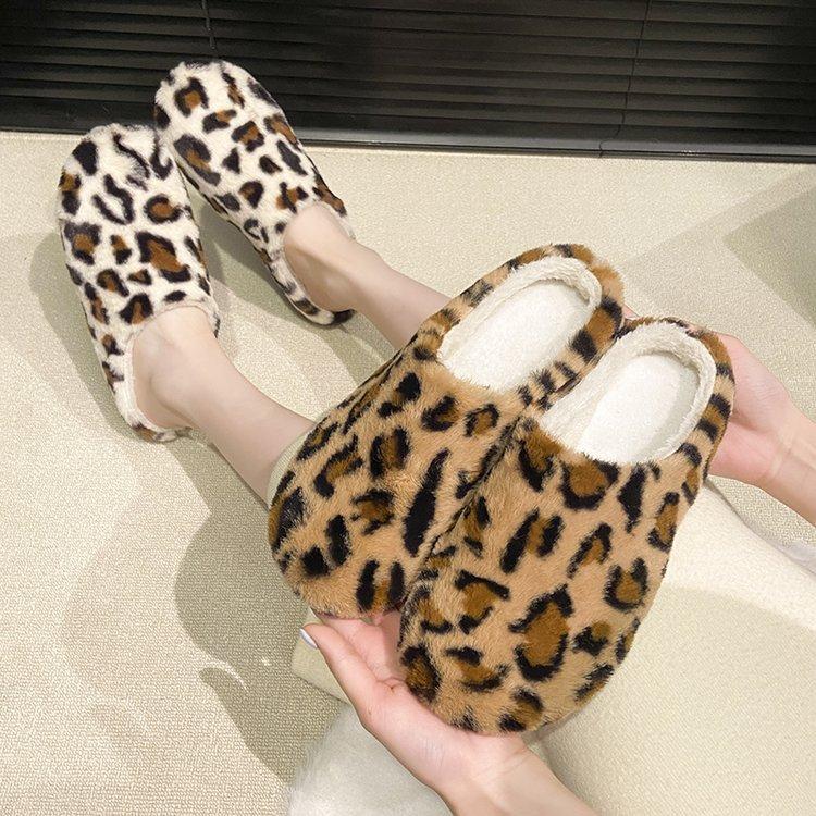Women's Baotou Leopard Plush Slippers Padded Warm Winter Thick Bottom Heightened Home Slippers Casual Hiking Indoor Shoes Snow Cotton Slippers