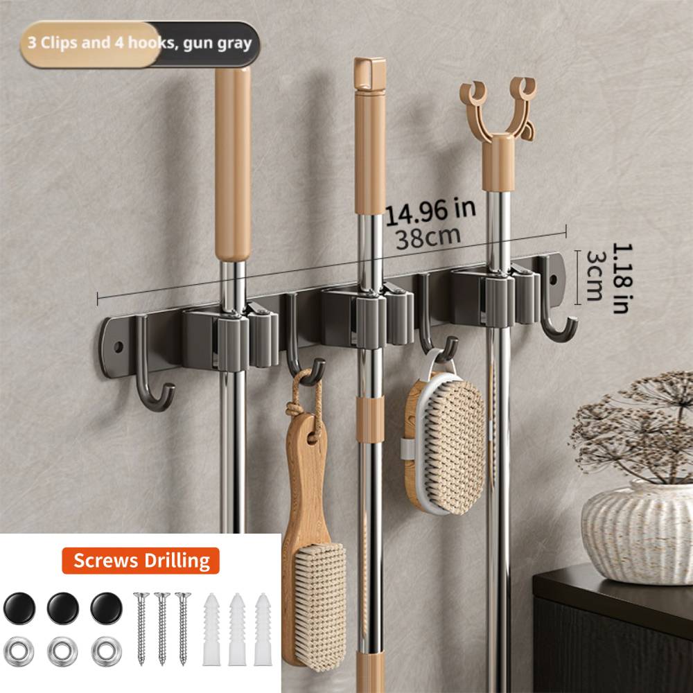 Stainless Steel Wall Mounted Mop Holder Organizer Rack with Hooks Drill-Free Bathroom Broom Storage Clip Heavy Duty Rack