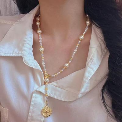 Vintage High-Quality High-Gloss Faux Pearl Collarbone Chain Necklace Sweater Chain