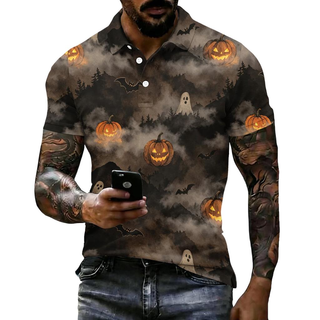 Men's Halloween Print Short Sleeve Polo Shirt Loose Fit Casual Summer Daily Wear Button Down Collar Top