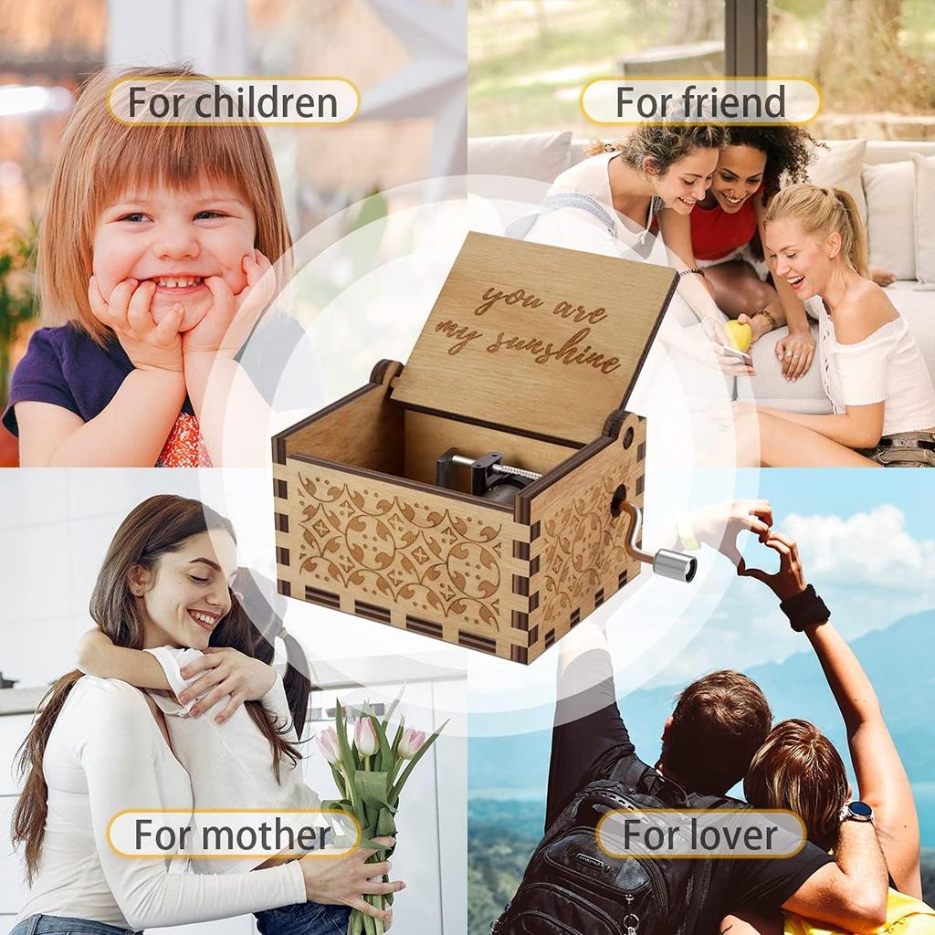 You Are My Sunshine Wood Music Boxes,Laser Engraved Vintage Wooden Sunshine Musical Box Gifts for Girlfriend,Boyfriend,Family Friends,On
