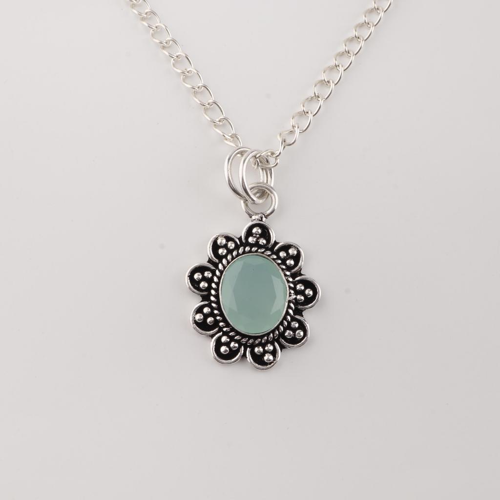 Aqua Chalcedony Gemstone 925 Sterling Silver Boho Jewelry Handmade Designer Pendant 1.37" CP-40-19