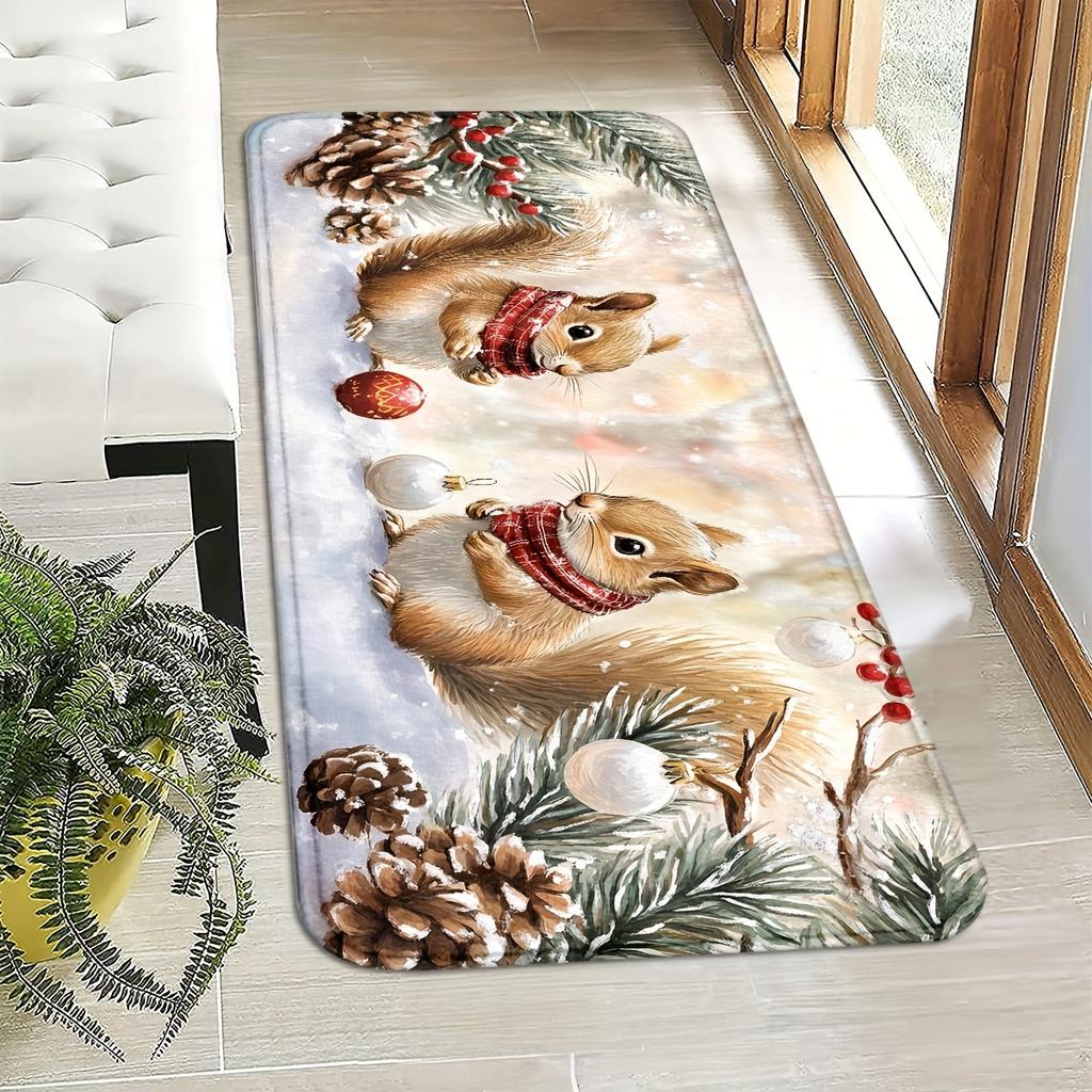 1Pcs Anti Fatigue Door Rugs, Christmas Squirrel Print Waterproof Non-Slip Thick Cushioned Door Mat Heavy Duty Comfort Standing Mat for Door