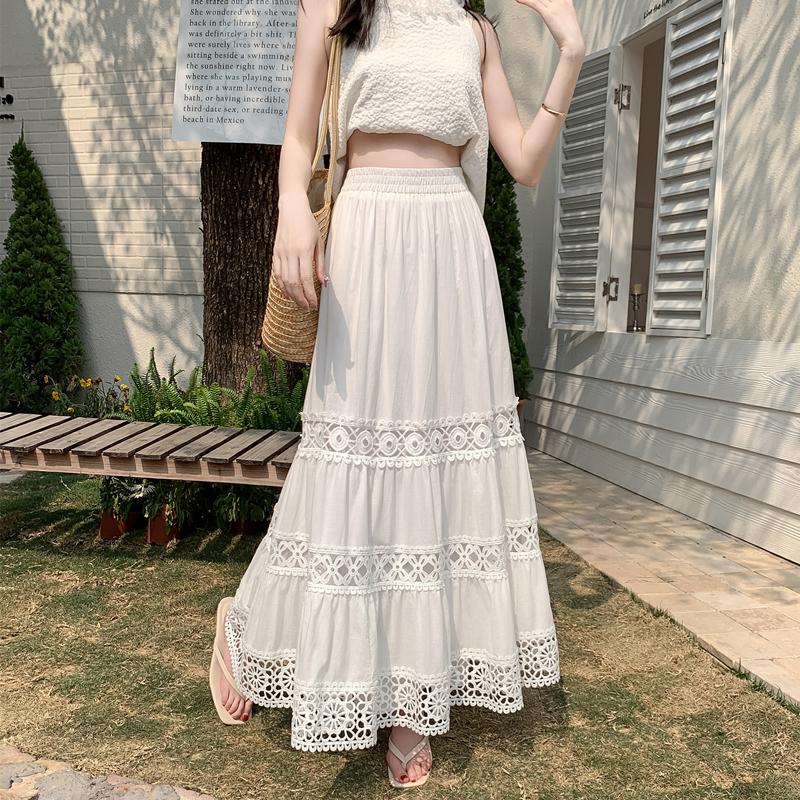 Dimanaf 2025 Summer Women Skirts Vintage Elastic Pleated Elegant White Long Skirts New  Lace High Waist